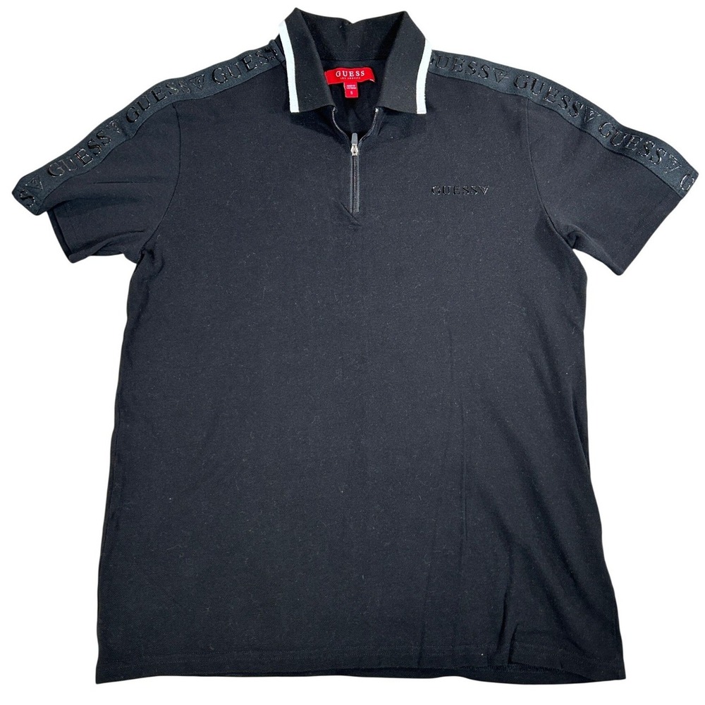 Guess Mens Black 1/4 Zip Polo Shirt Short Sleeve Logo Tape Shoulder Small